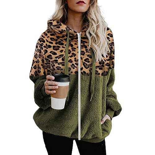 Tednrk Fleece hoodie for Women Trendy Zip Up Leopard Patchwork